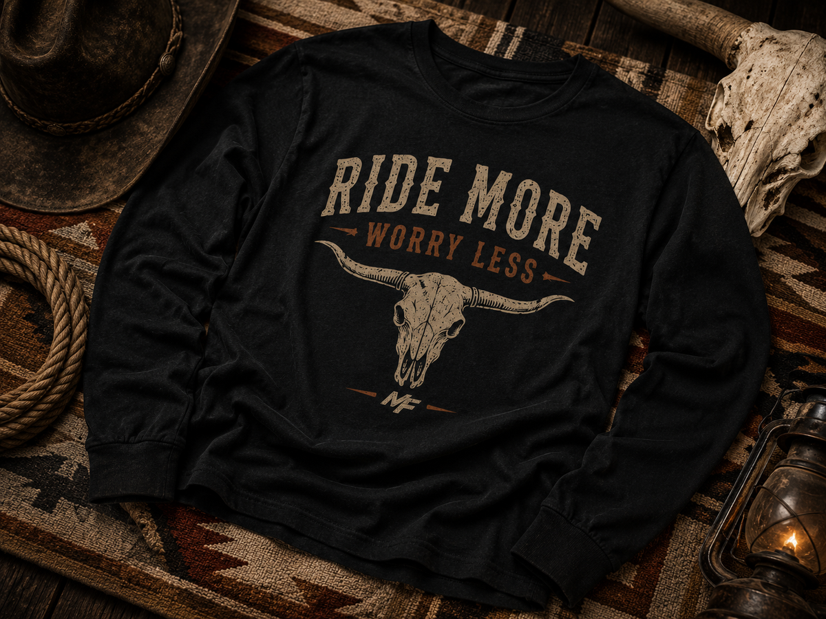 Ride More Worry Less Long Sleeve Shirt | Western Bull Skull Graphic Tee | Cowboy Country Shirt