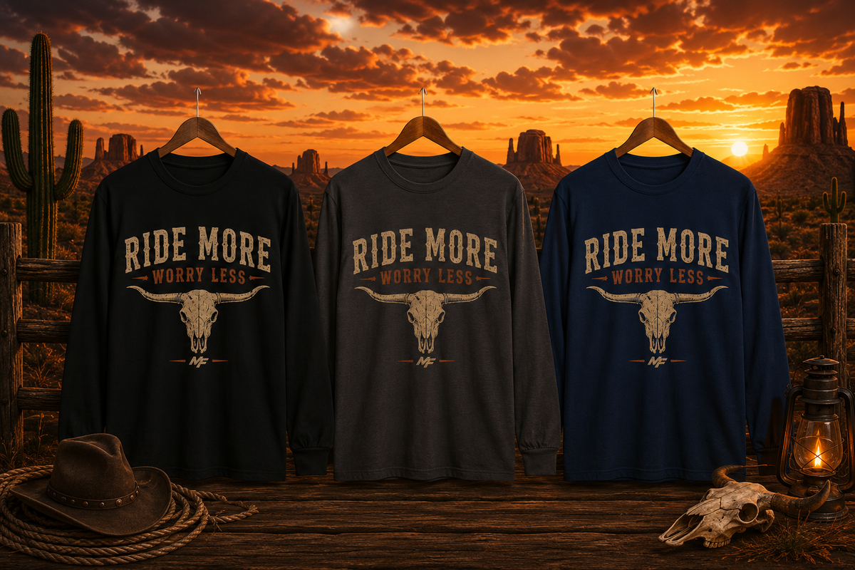 Ride More Worry Less Long Sleeve Shirt | Western Bull Skull Graphic Tee | Cowboy Country Shirt