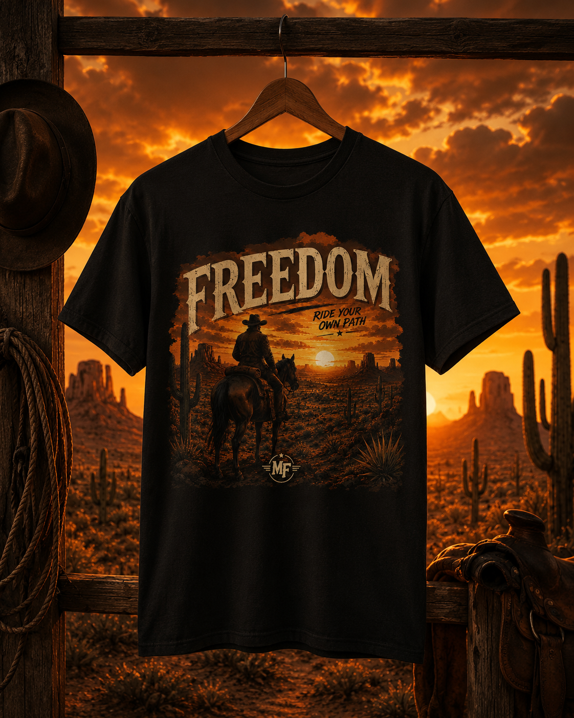 Freedom Ride Your Own Path T-Shirt | Cowboy Sunset Western Graphic Tee