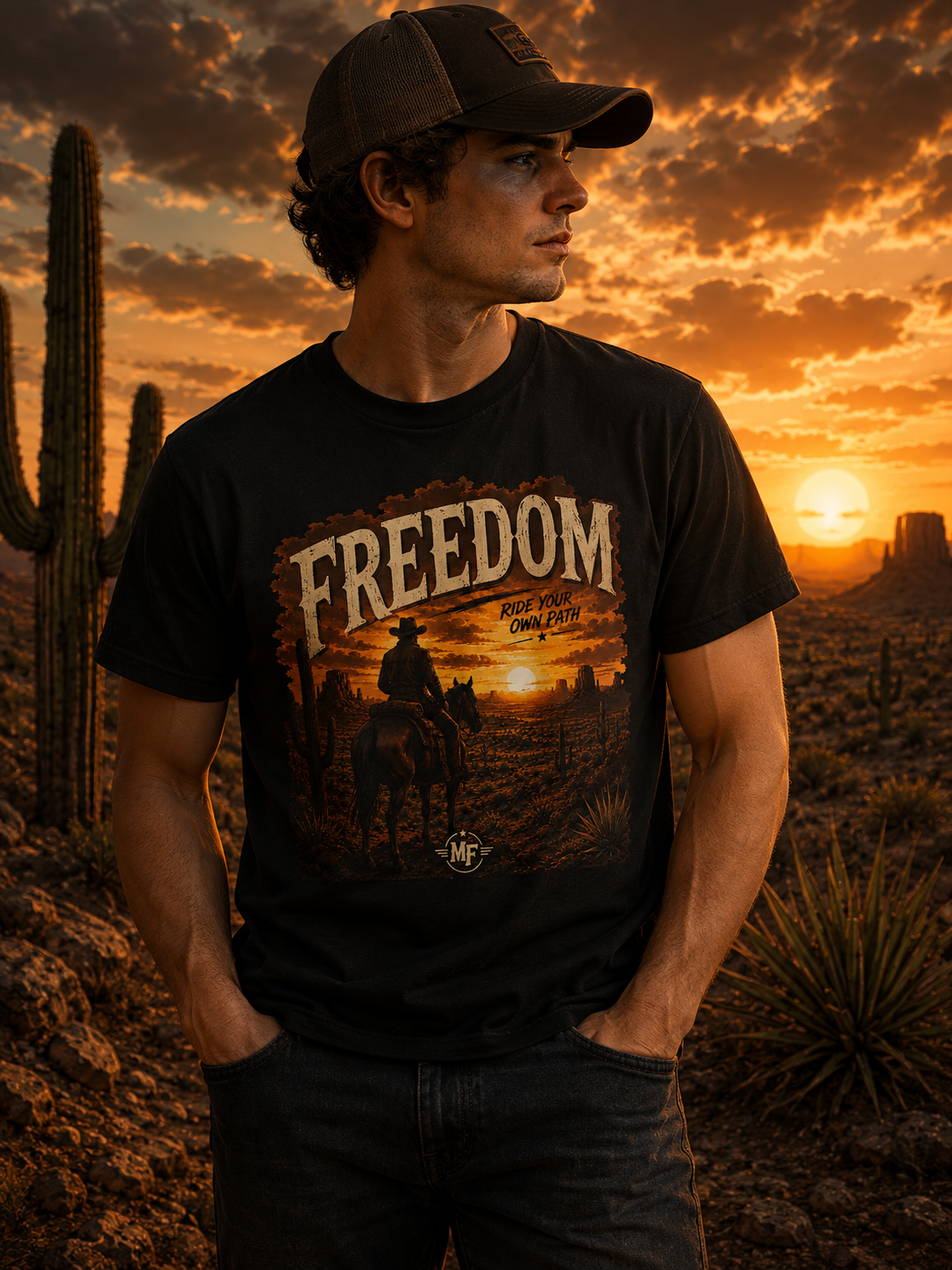 Freedom Ride Your Own Path T-Shirt | Cowboy Sunset Western Graphic Tee
