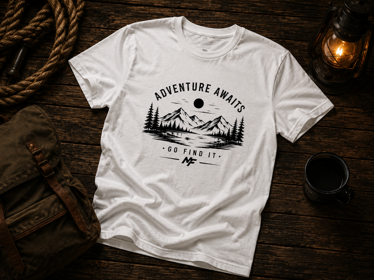 Adventure Awaits Mountain T-Shirt | Go Find It Hiking Camping Nature Graphic Tee