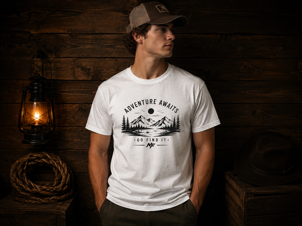 Adventure Awaits Mountain T-Shirt | Go Find It Hiking Camping Nature Graphic Tee