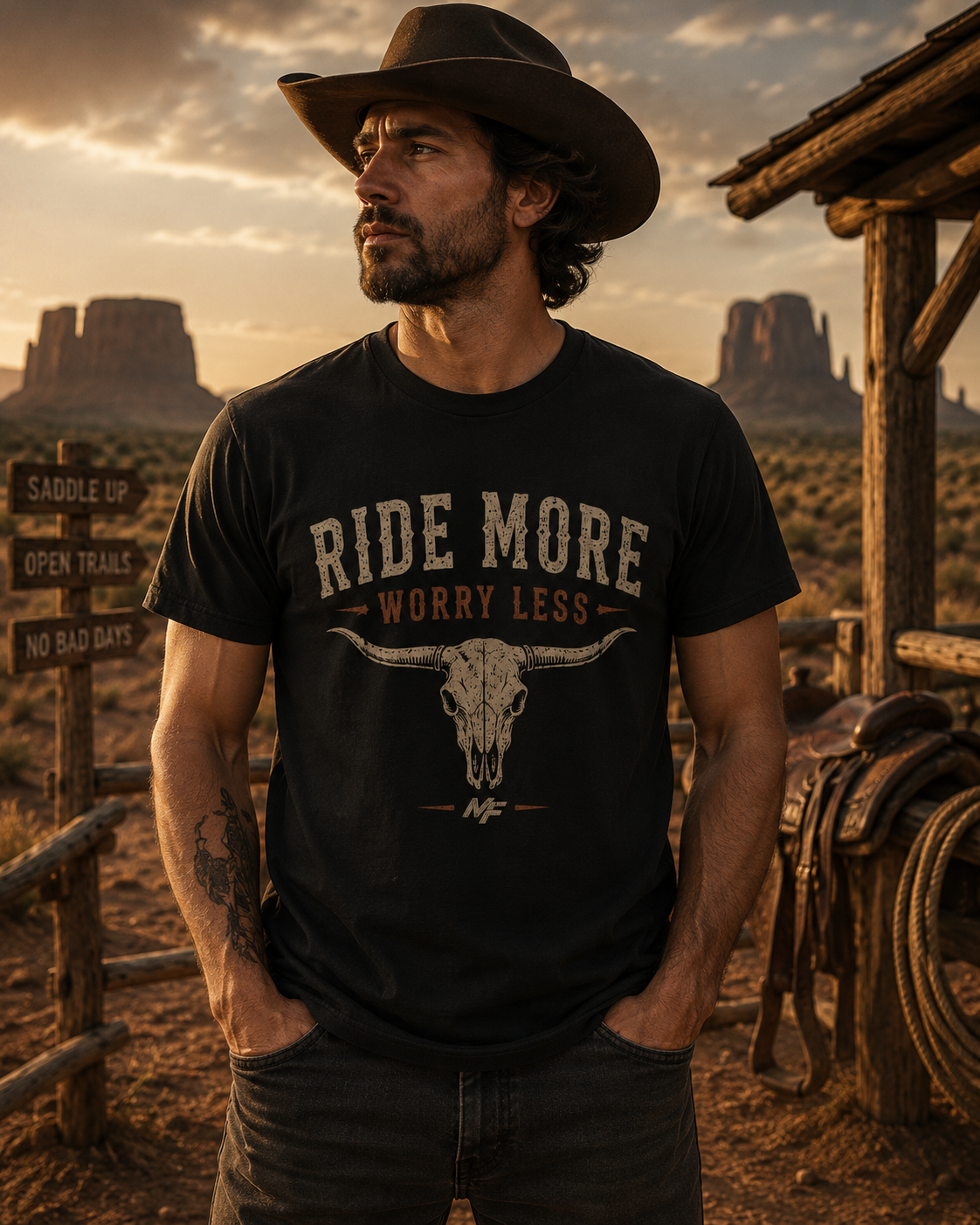 Ride More Worry Less T-Shirt | Longhorn Skull Western Graphic Tee