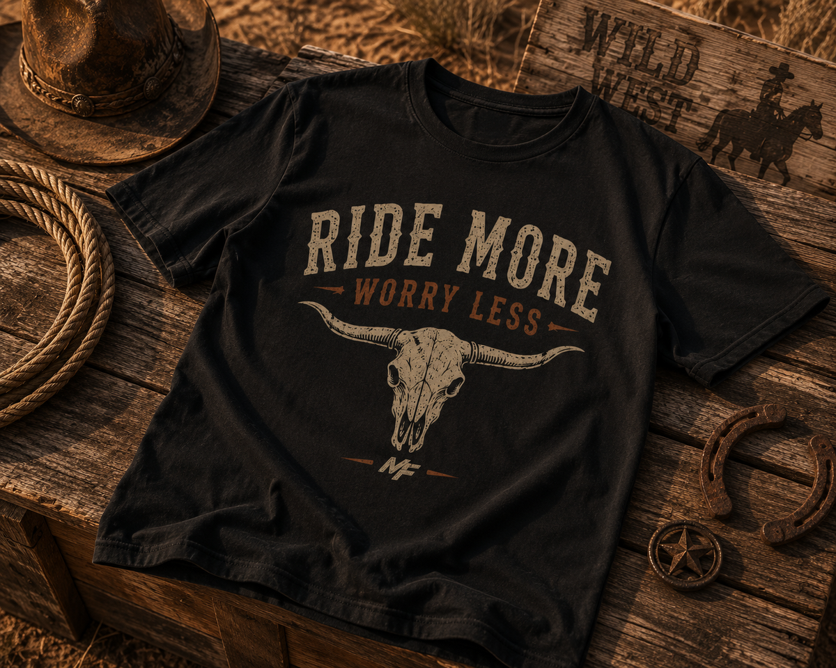 Ride More Worry Less T-Shirt | Longhorn Skull Western Graphic Tee