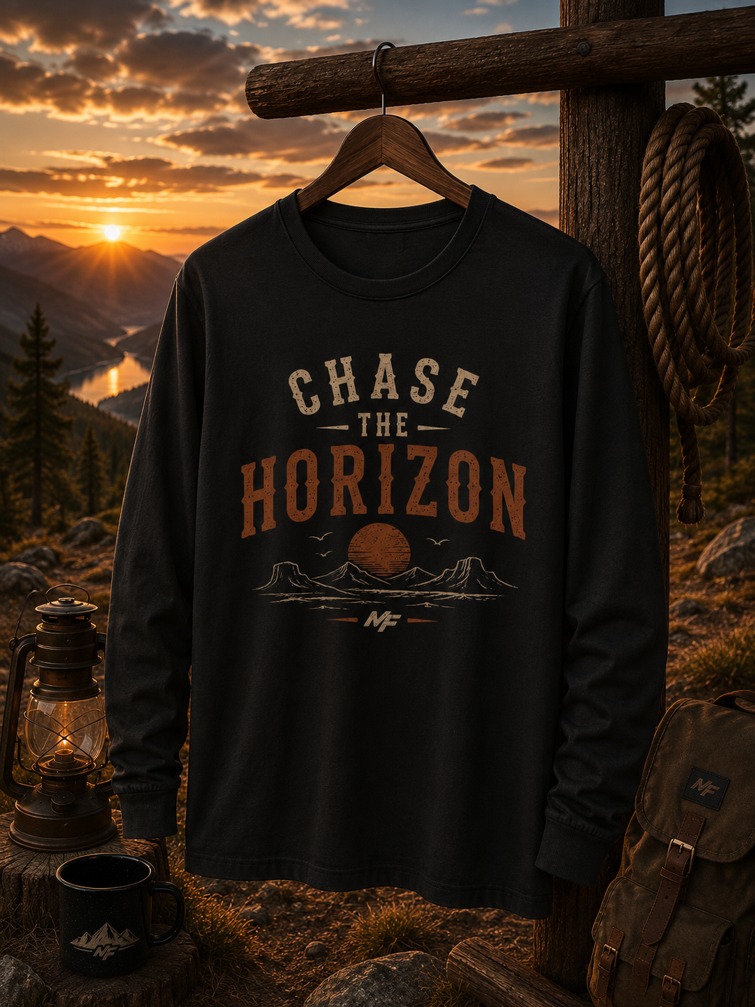 Chase the Horizon Long Sleeve Tee | Vintage Sunset Mountain Shirt