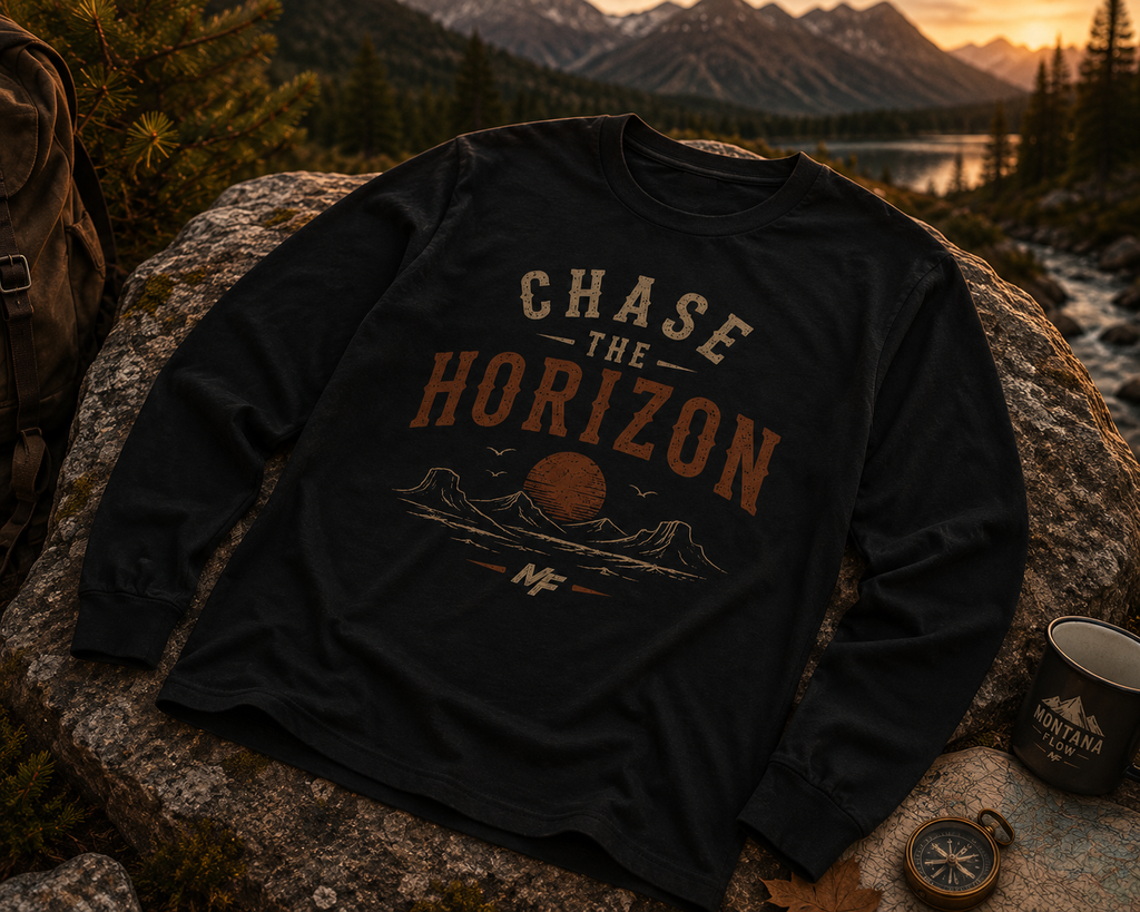 Chase the Horizon Long Sleeve Tee | Vintage Sunset Mountain Shirt