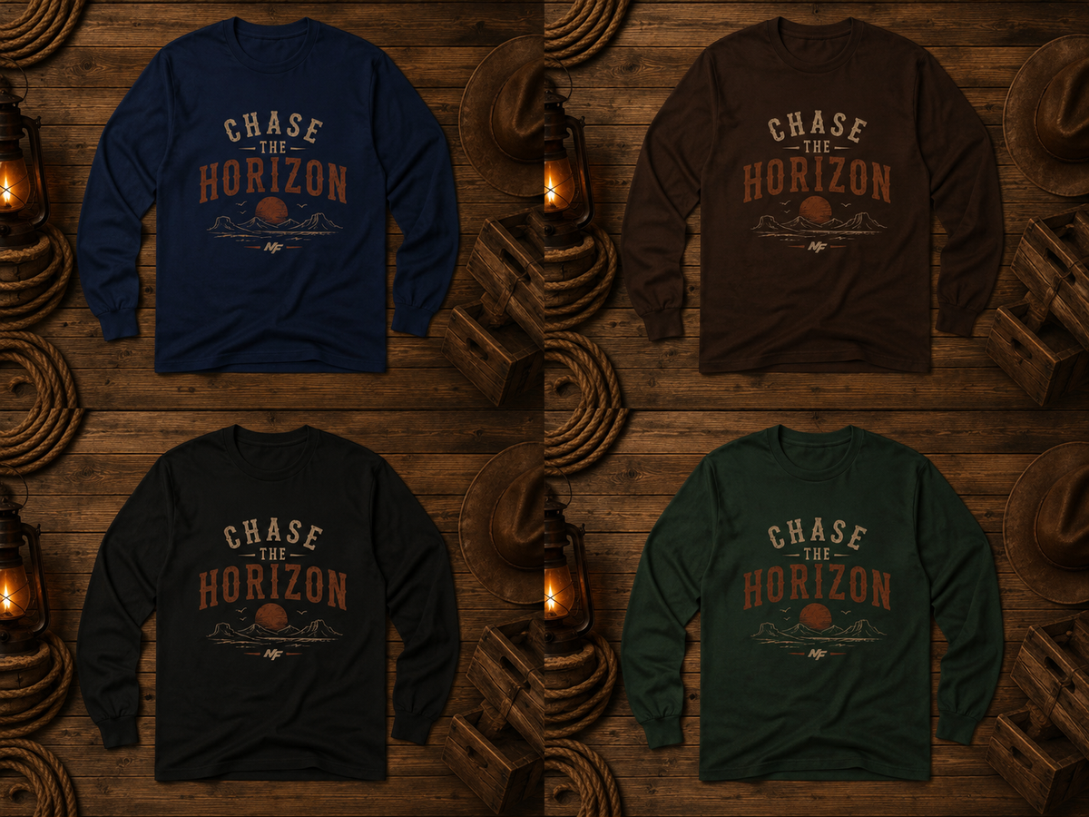 Chase the Horizon Long Sleeve Tee | Vintage Sunset Mountain Shirt