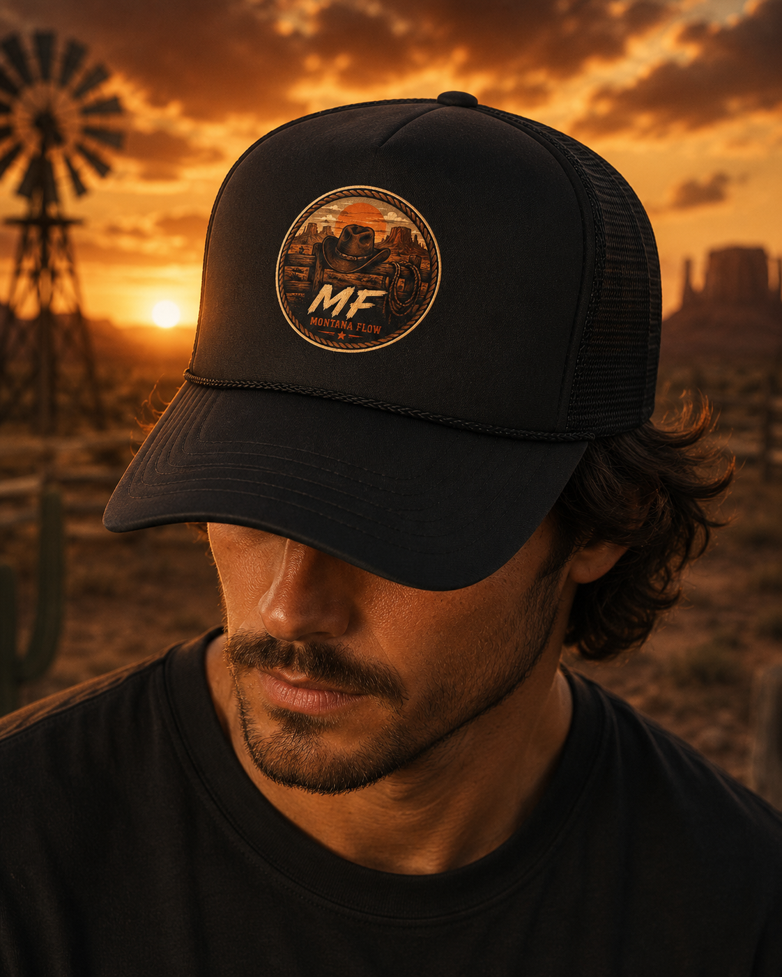 Western Trucker Hat | Desert Sunset M.F. Logo Mesh Cap