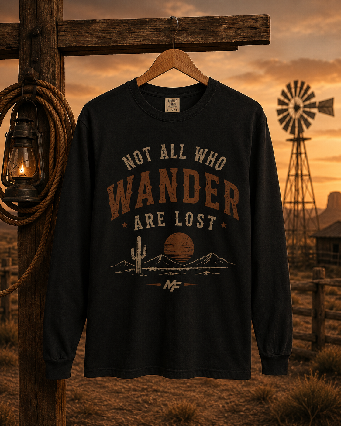 Not All Who Wander Are Lost Long Sleeve Shirt | Western Desert Sunset Graphic Tee