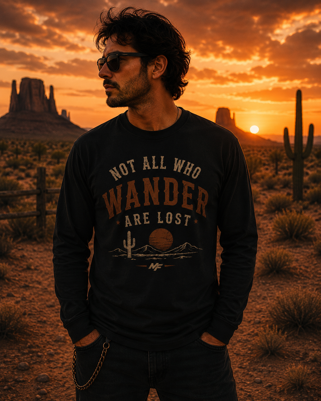 T-shirt à manches longues « Not All Who Wander Are Lost » | T-shirt graphique coucher de soleil dans le désert de l'Ouest