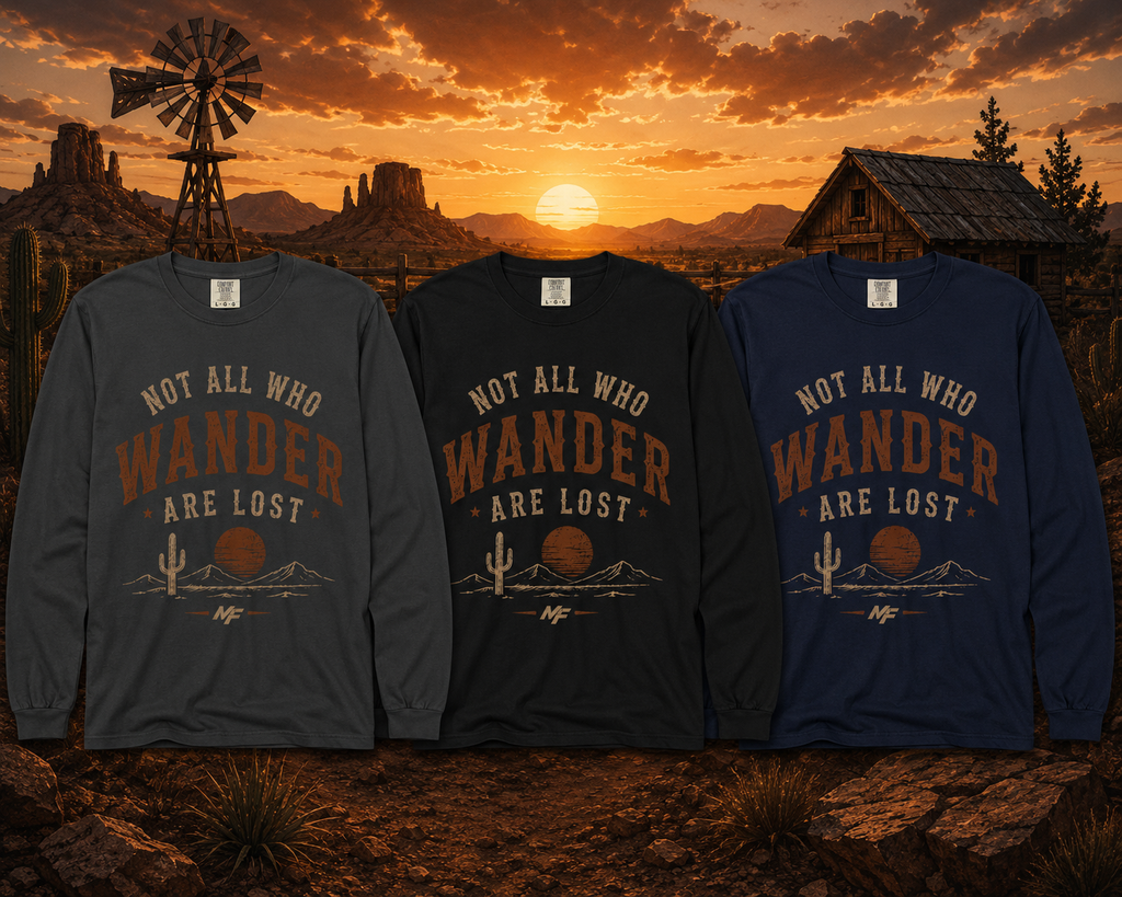 T-shirt à manches longues « Not All Who Wander Are Lost » | T-shirt graphique coucher de soleil dans le désert de l'Ouest