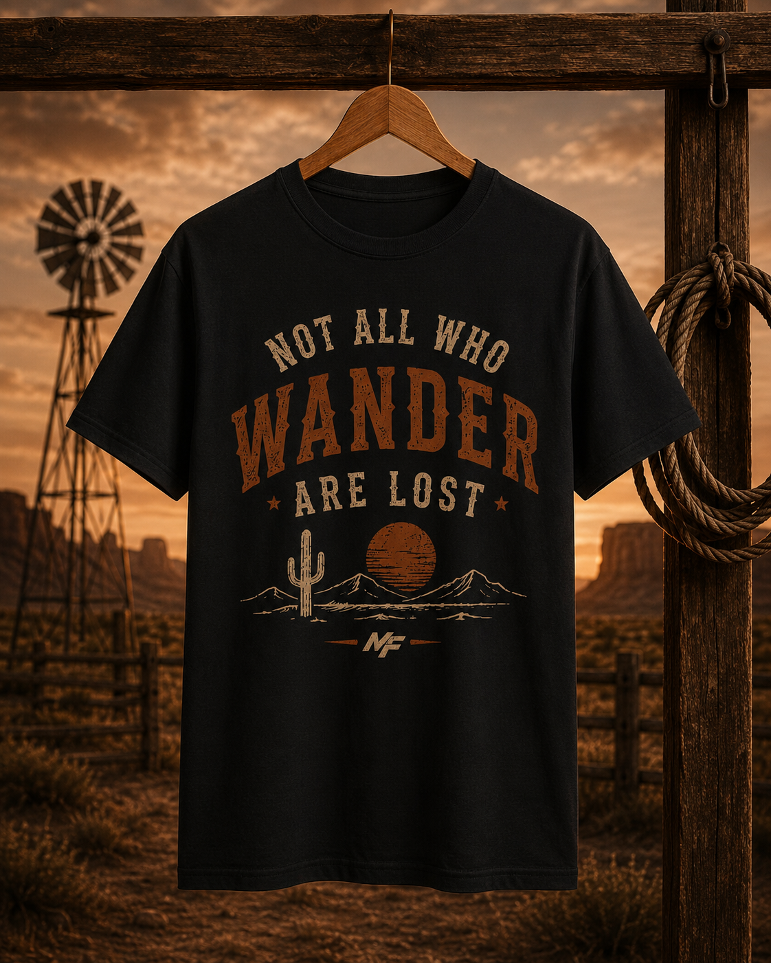 T-shirt « Not All Who Wander Are Lost » | Tee-shirt cactus coucher de soleil dans le désert | Graphisme aventure western