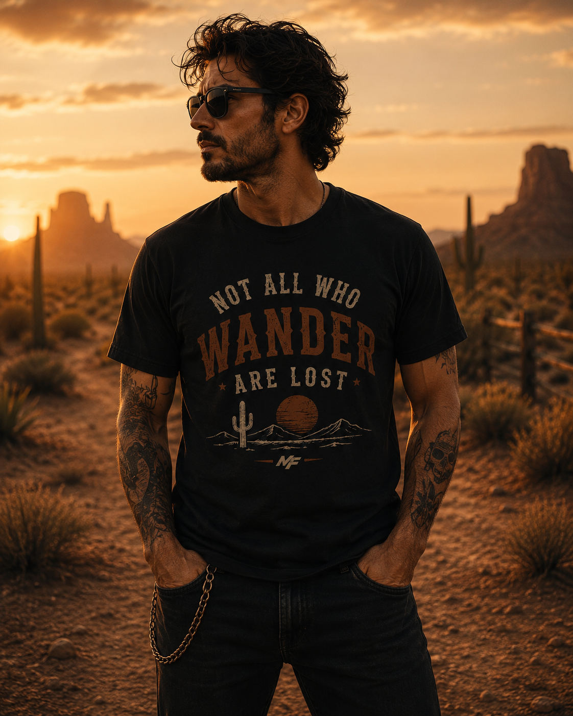 T-shirt « Not All Who Wander Are Lost » | Tee-shirt cactus coucher de soleil dans le désert | Graphisme aventure western