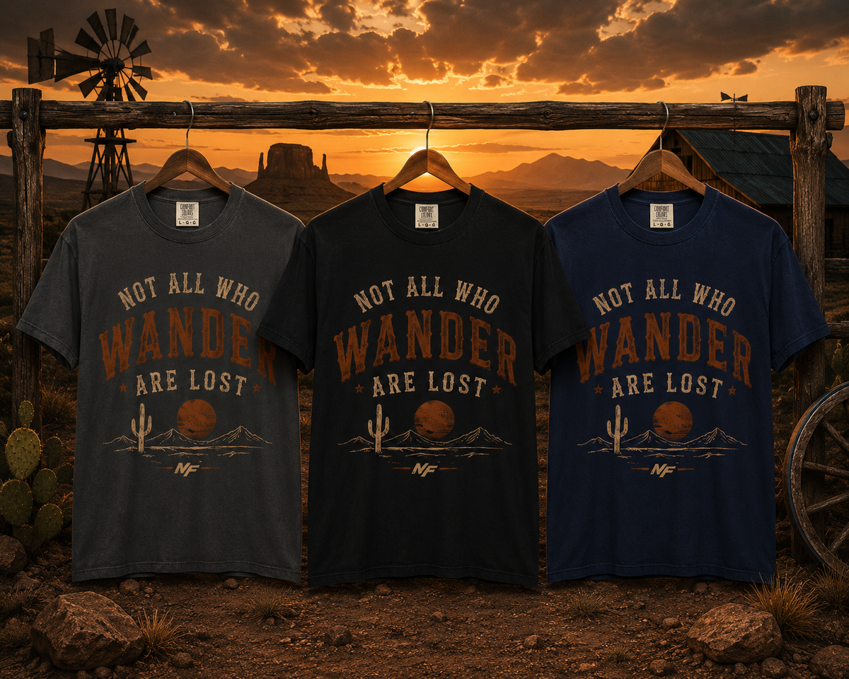 T-shirt « Not All Who Wander Are Lost » | Tee-shirt cactus coucher de soleil dans le désert | Graphisme aventure western