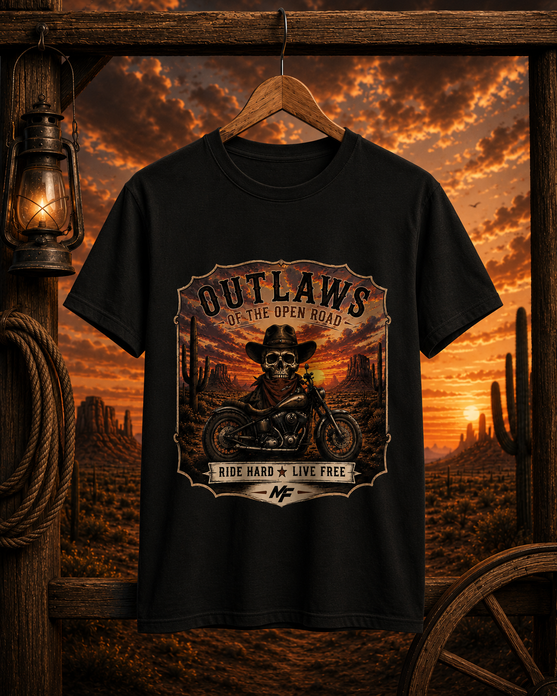 T-shirt de moto Outlaws of the Open Road | T-shirt de biker avec tête de mort, t-shirt graphique western Ride Hard Live Free