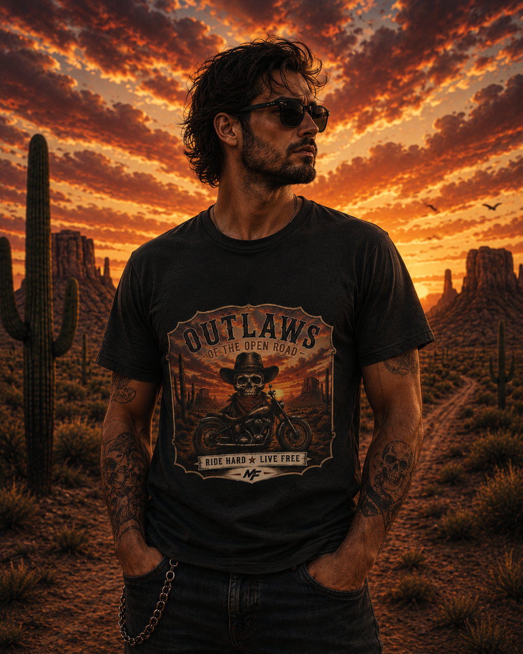 T-shirt de moto Outlaws of the Open Road | T-shirt de biker avec tête de mort, t-shirt graphique western Ride Hard Live Free