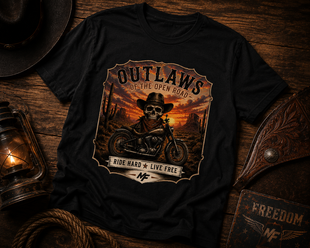 T-shirt de moto Outlaws of the Open Road | T-shirt de biker avec tête de mort, t-shirt graphique western Ride Hard Live Free