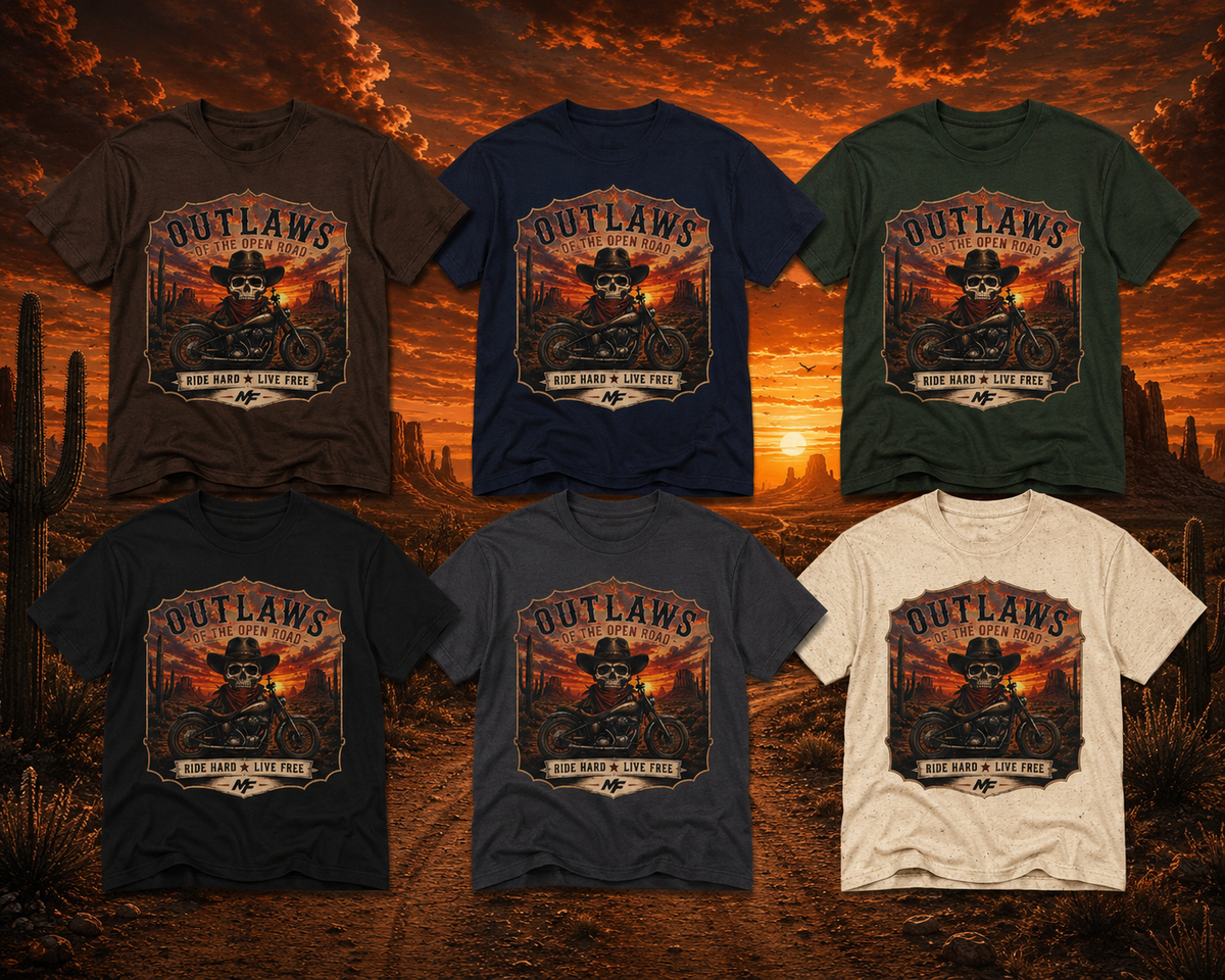 T-shirt de moto Outlaws of the Open Road | T-shirt de biker avec tête de mort, t-shirt graphique western Ride Hard Live Free