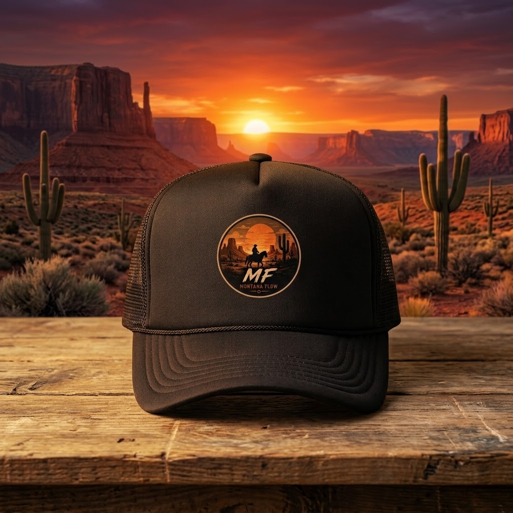 Desert Rider Foam Trucker Hat | Sunset Western Cowboy Cap | Montana Flow MF Logo