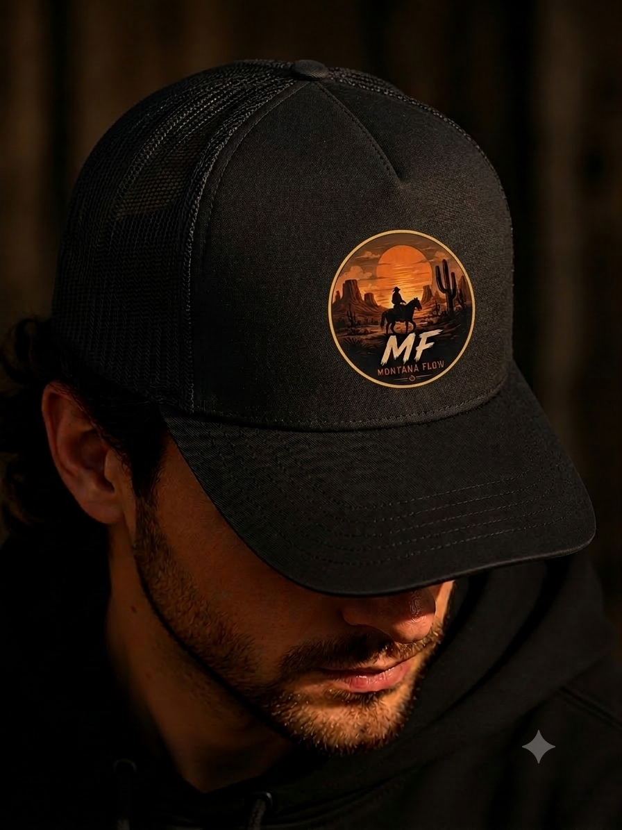 Desert Rider Foam Trucker Hat | Sunset Western Cowboy Cap | Montana Flow MF Logo
