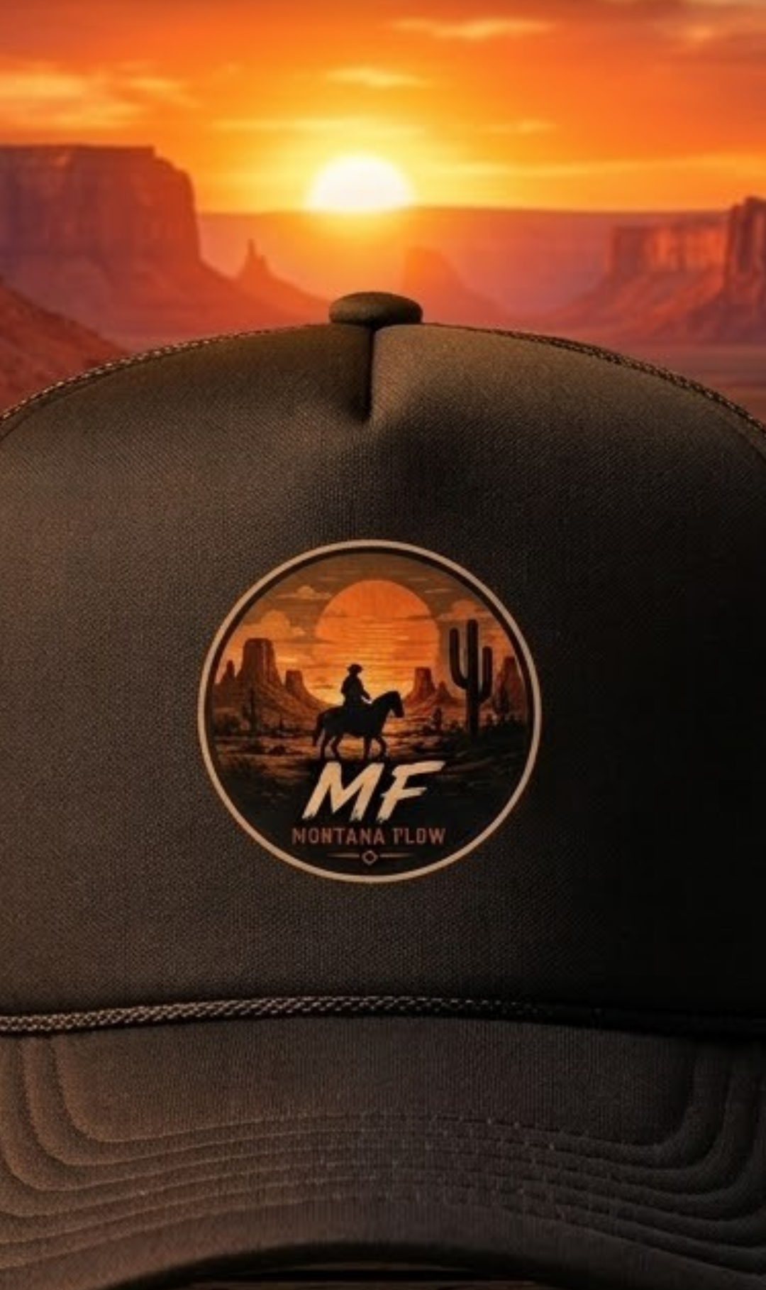 Desert Rider Foam Trucker Hat | Sunset Western Cowboy Cap | Montana Flow MF Logo
