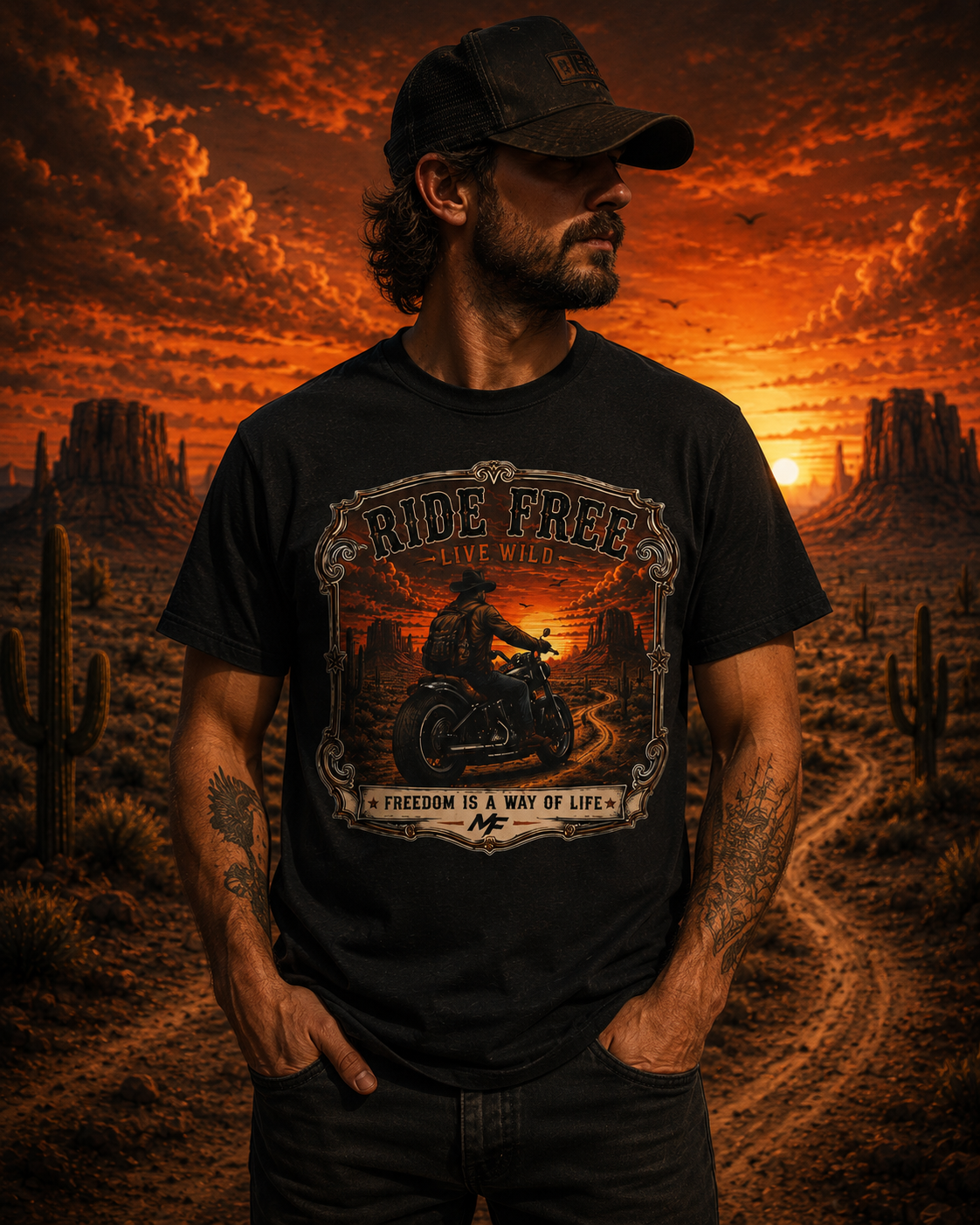 T-shirt Ride Free Motorcycle Sunset Rider | Tee-shirt La liberté est un mode de vie