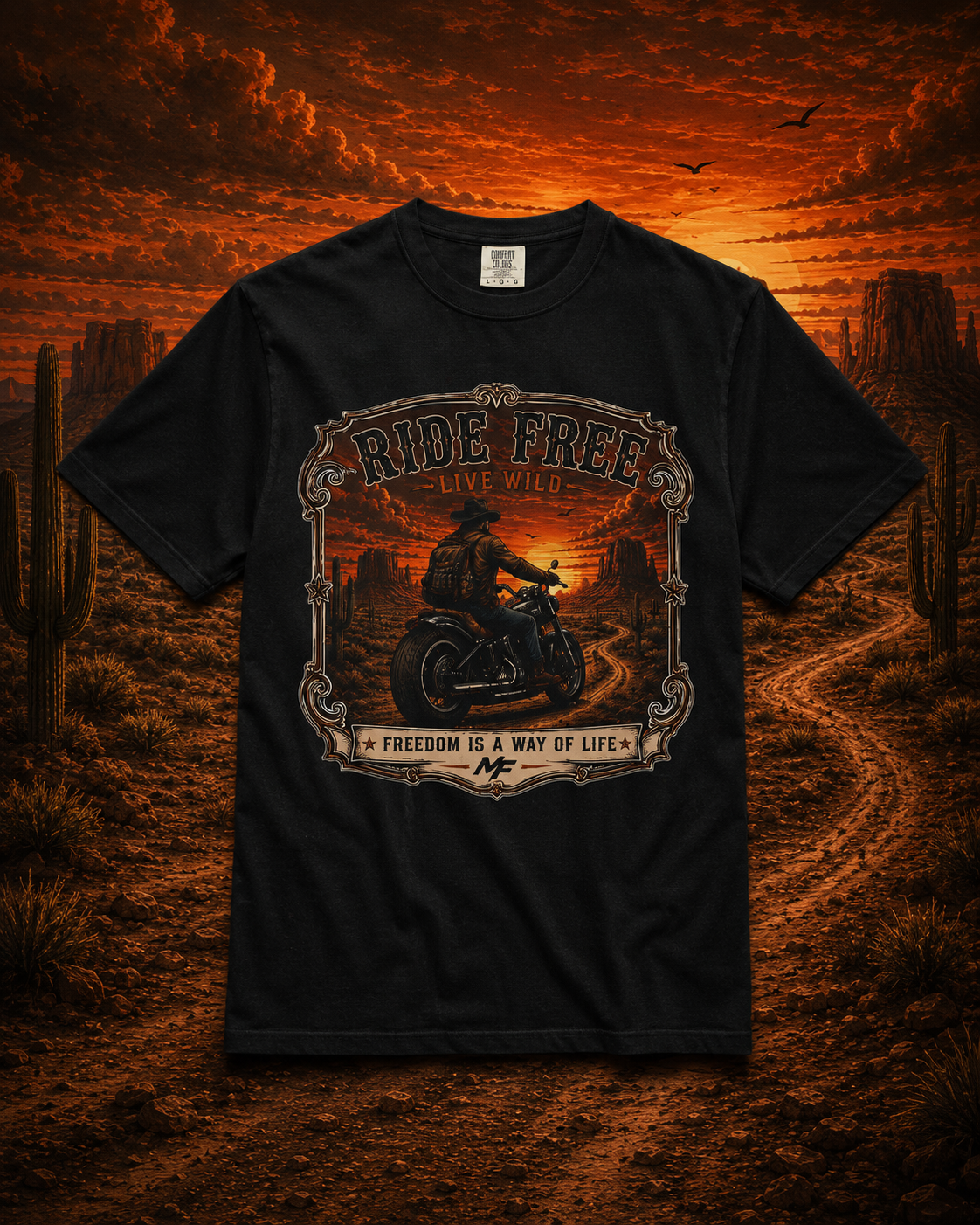 T-shirt Ride Free Motorcycle Sunset Rider | Tee-shirt La liberté est un mode de vie