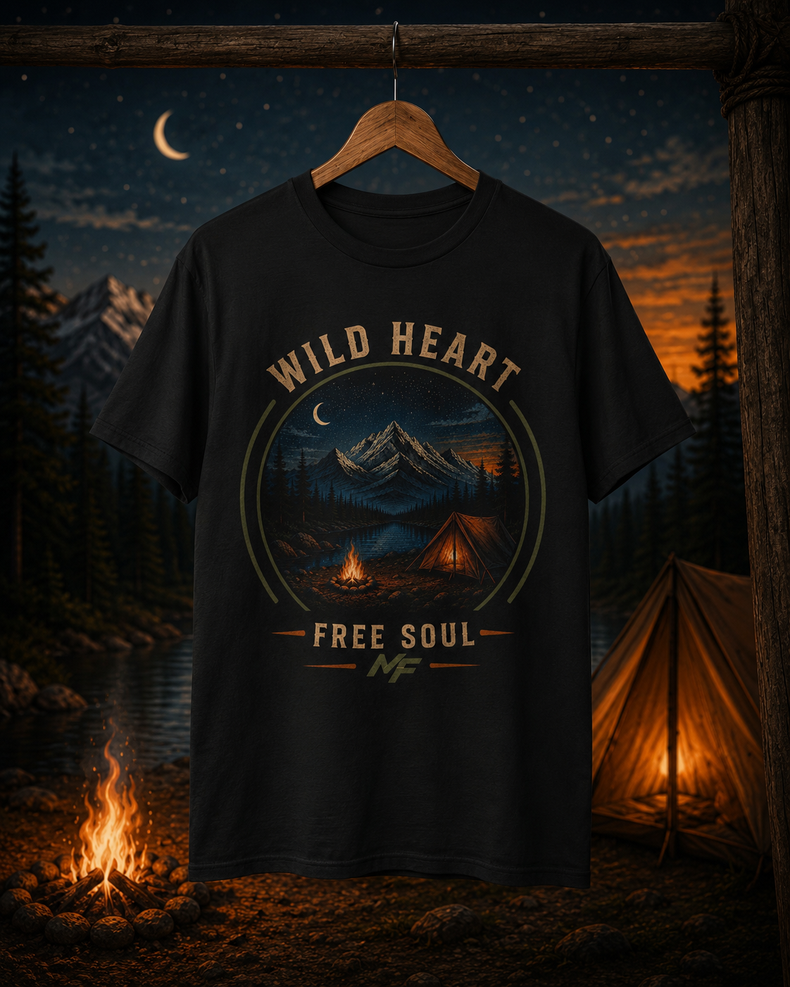 T-shirt de camping Wild Heart Free Soul | T-shirt graphique avec motif montagne, lac et feu de camp