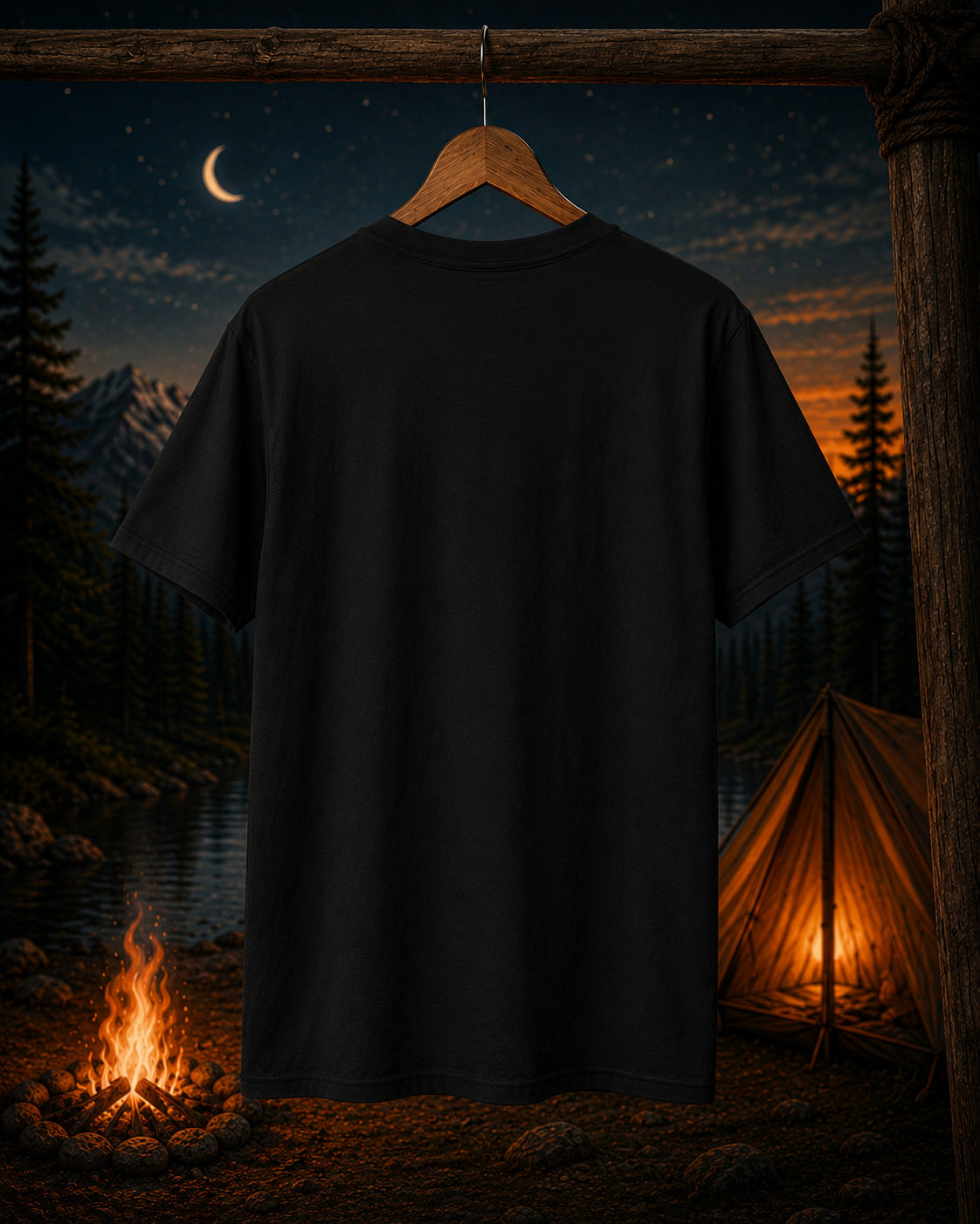 T-shirt de camping Wild Heart Free Soul | T-shirt graphique avec motif montagne, lac et feu de camp