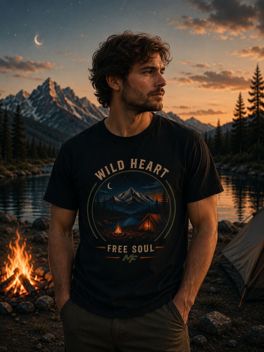 T-shirt de camping Wild Heart Free Soul | T-shirt graphique avec motif montagne, lac et feu de camp
