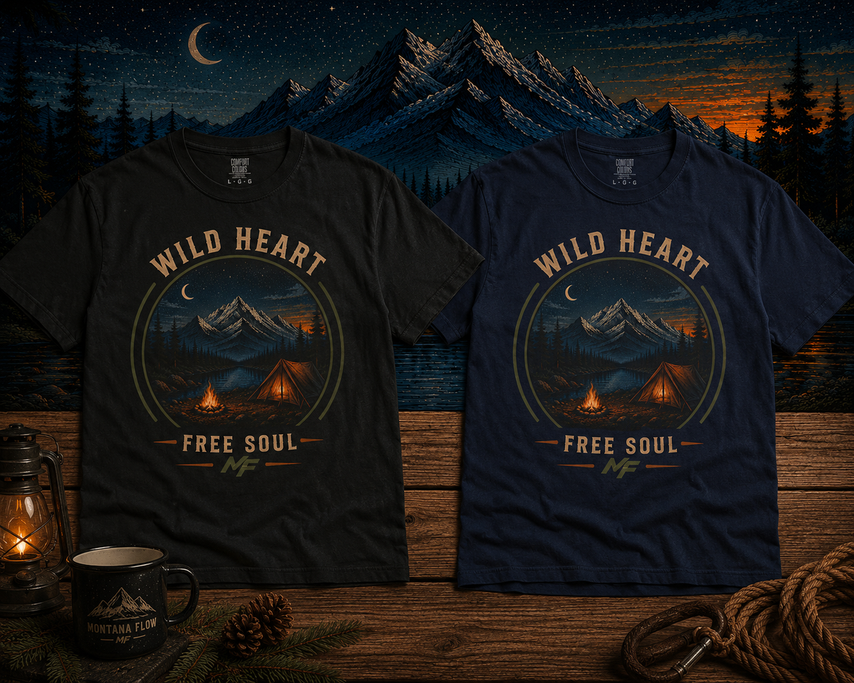 T-shirt de camping Wild Heart Free Soul | T-shirt graphique avec motif montagne, lac et feu de camp