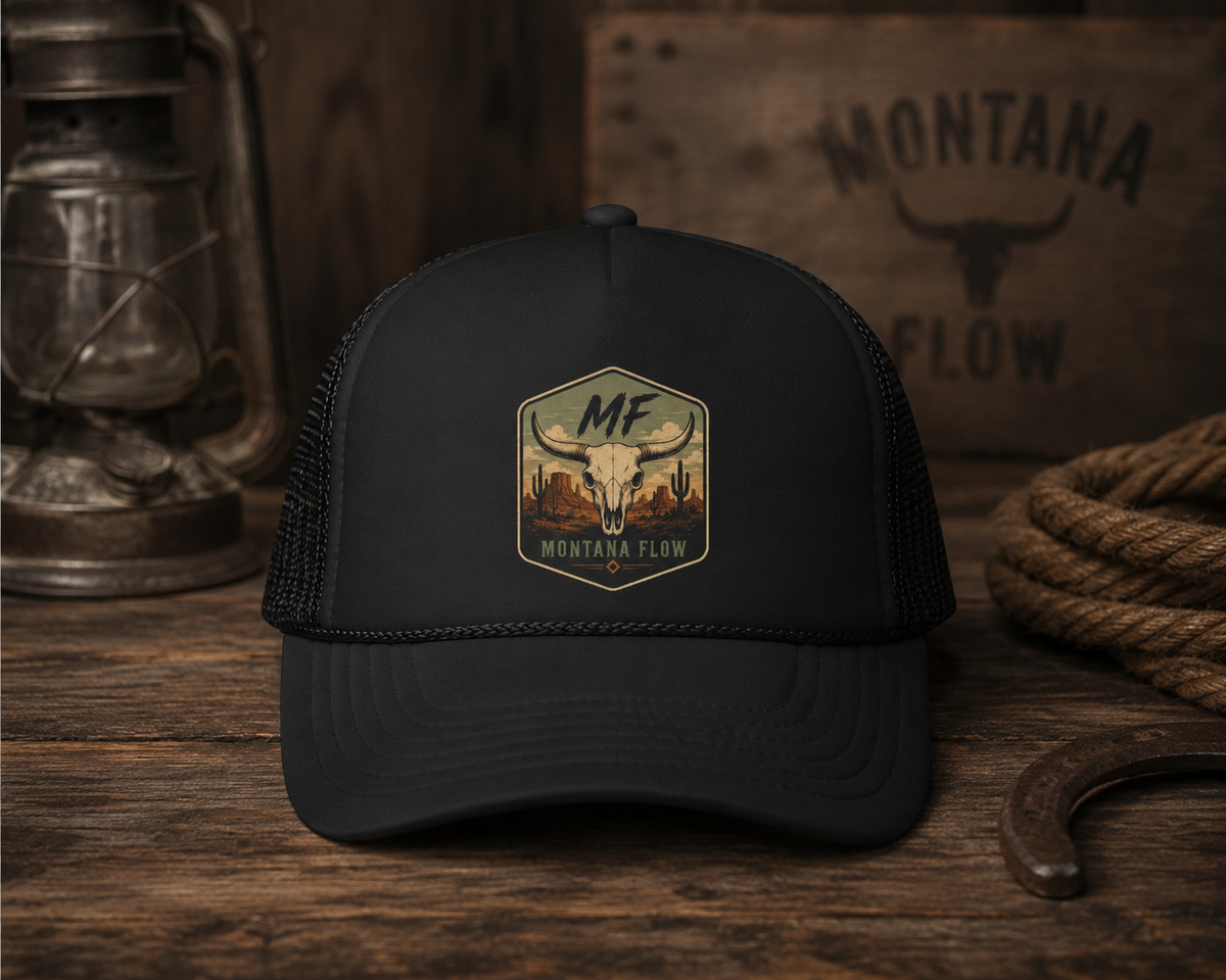 Longhorn Skull Patch Foam Trucker Hat | Montana Flow Western Desert Cap