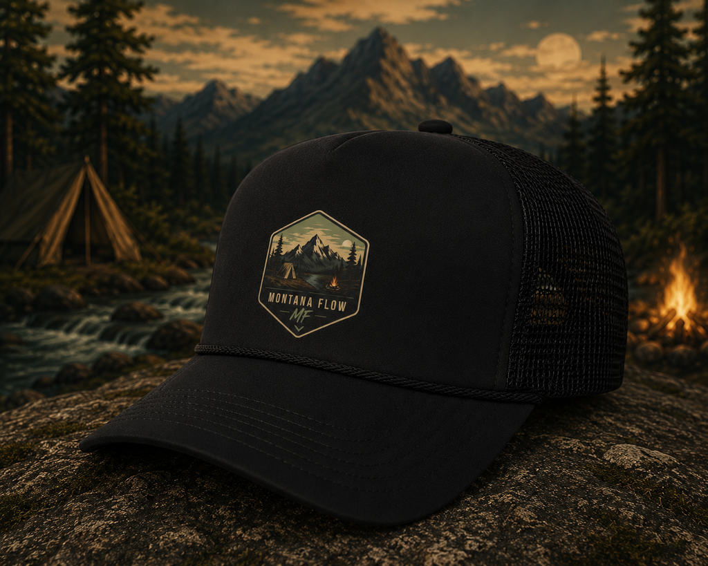 Casquette trucker en mousse avec écusson montagne | Casquette de camping en plein air Montana Flow