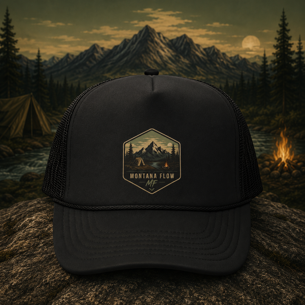 Casquette trucker en mousse avec écusson montagne | Casquette de camping en plein air Montana Flow