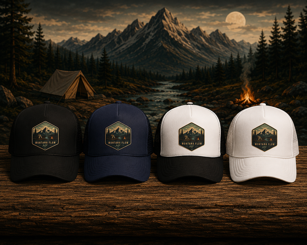 Casquette trucker en mousse avec écusson montagne | Casquette de camping en plein air Montana Flow