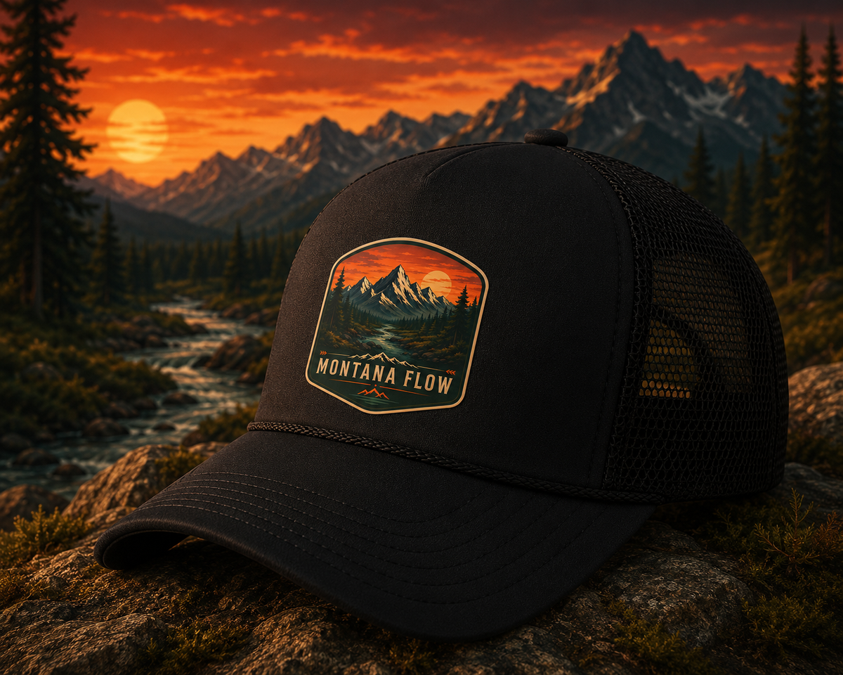 Mountain Sunset Patch Foam Trucker Hat | Montana Flow Vintage Outdoor Cap