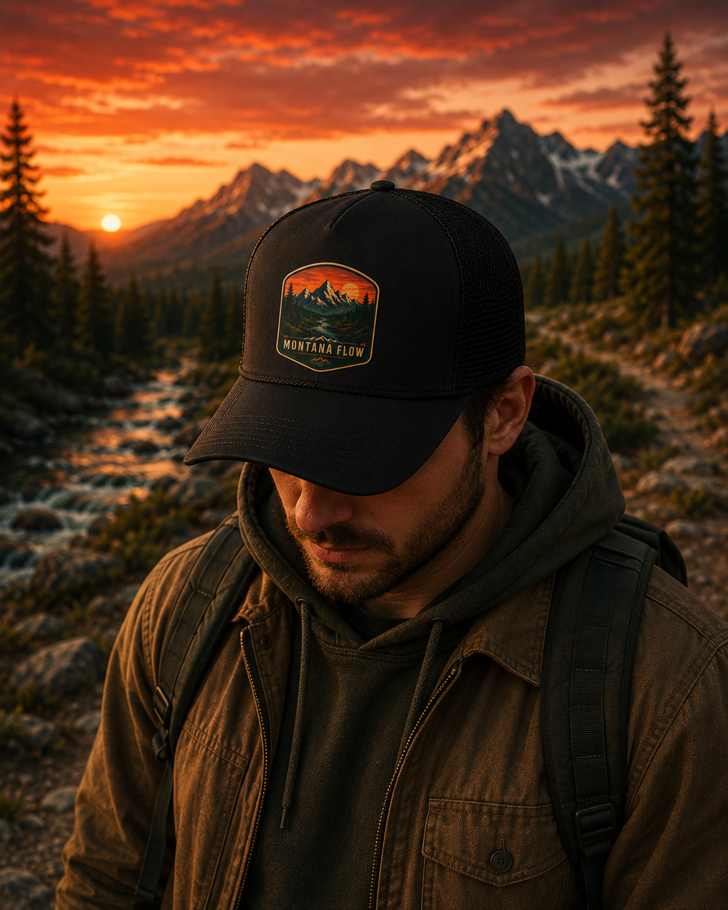 Mountain Sunset Patch Foam Trucker Hat | Montana Flow Vintage Outdoor Cap