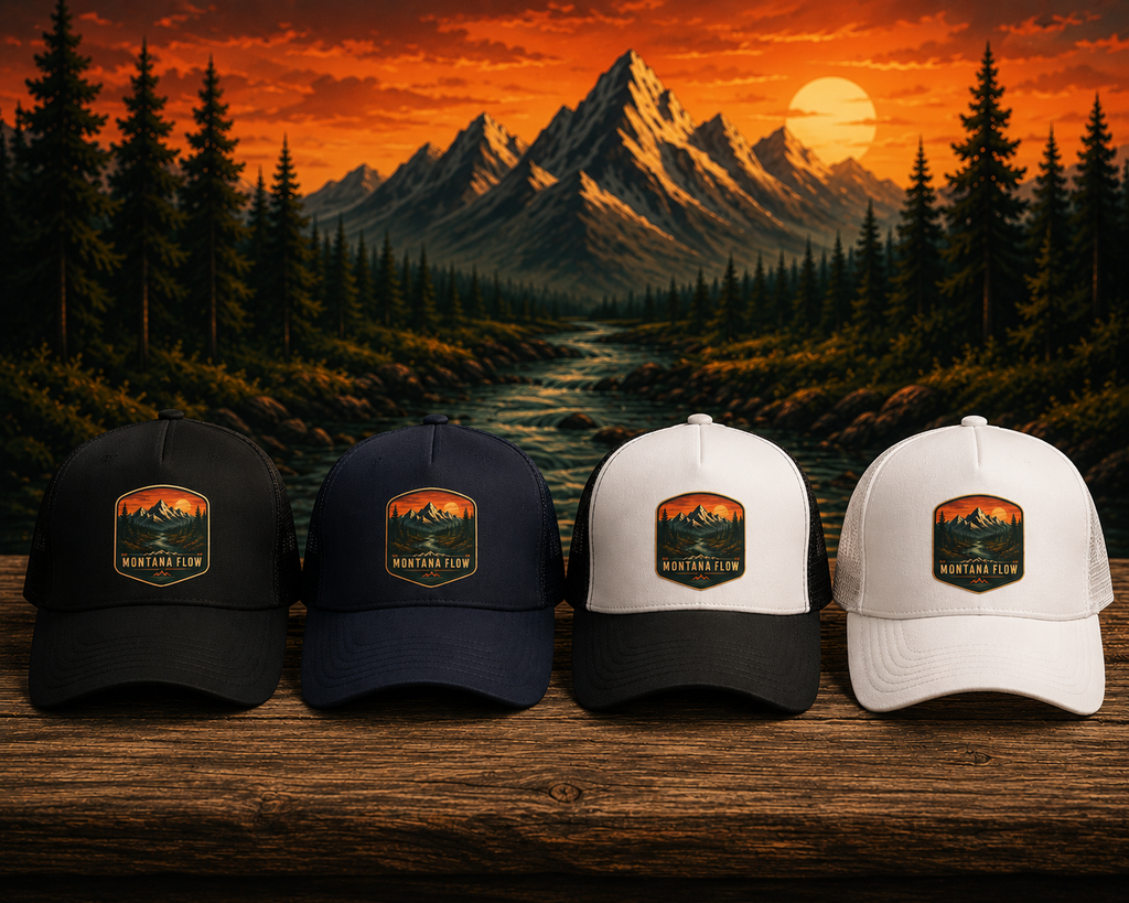 Mountain Sunset Patch Foam Trucker Hat | Montana Flow Vintage Outdoor Cap