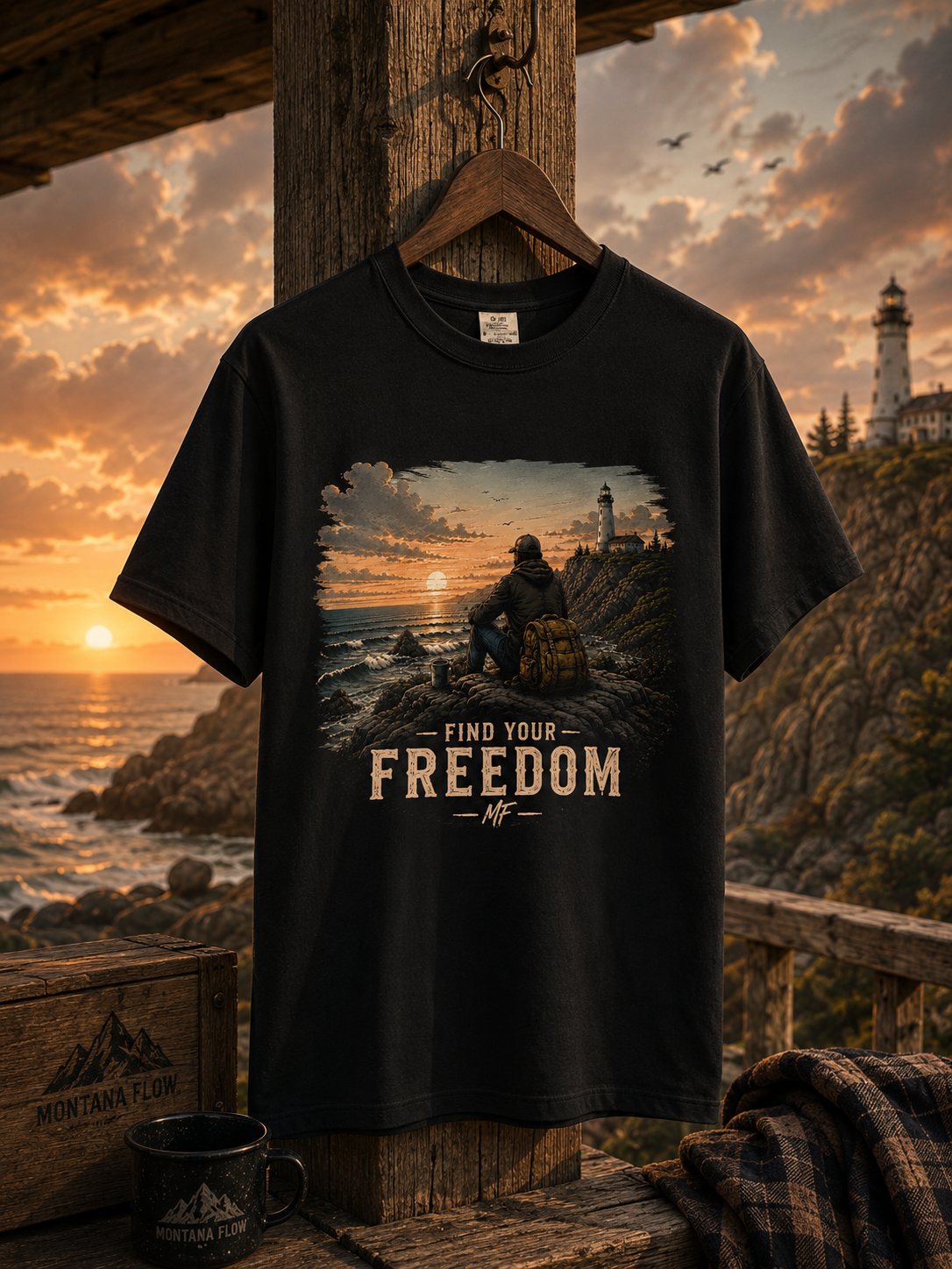 Find Your Freedom Graphic Tee | Coastal Sunset Lighthouse Outdoor Shirt