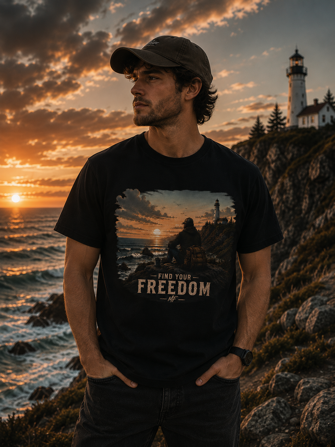 Find Your Freedom Graphic Tee | Coastal Sunset Lighthouse Outdoor Shirt