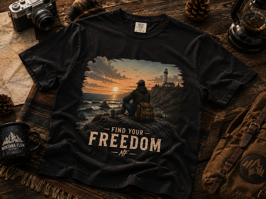 T-shirt graphique Find Your Freedom | Haut outdoor motif phare au coucher de soleil côtier