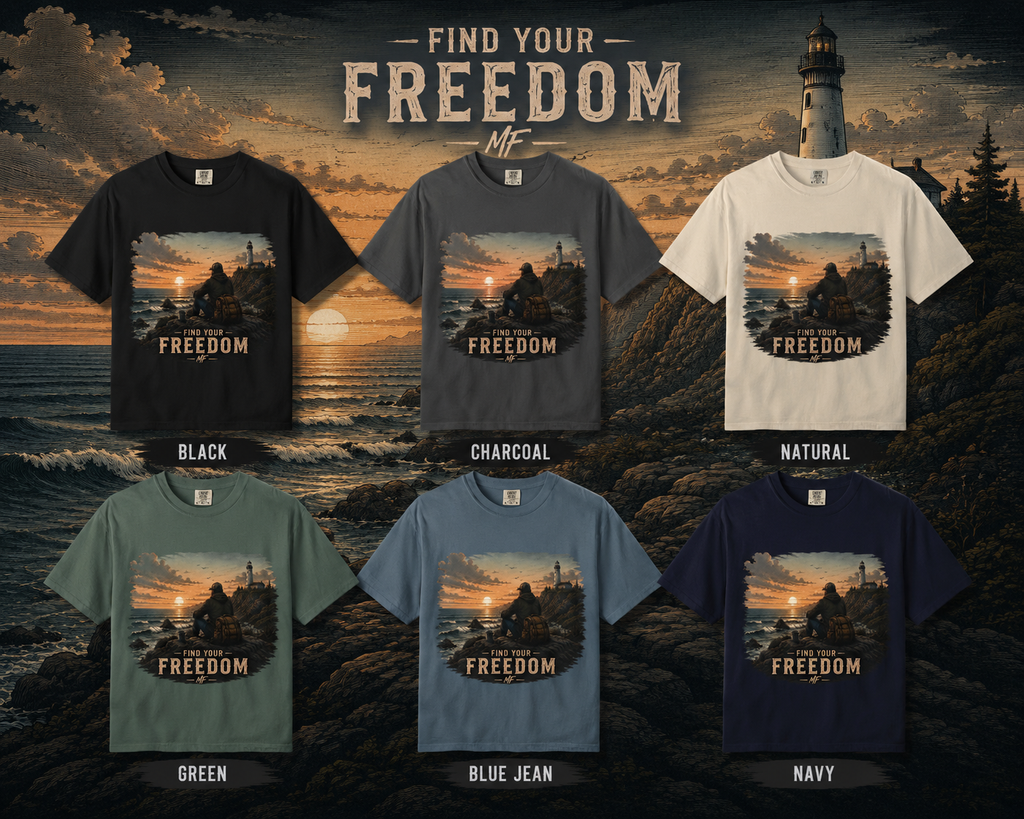 T-shirt graphique Find Your Freedom | Haut outdoor motif phare au coucher de soleil côtier