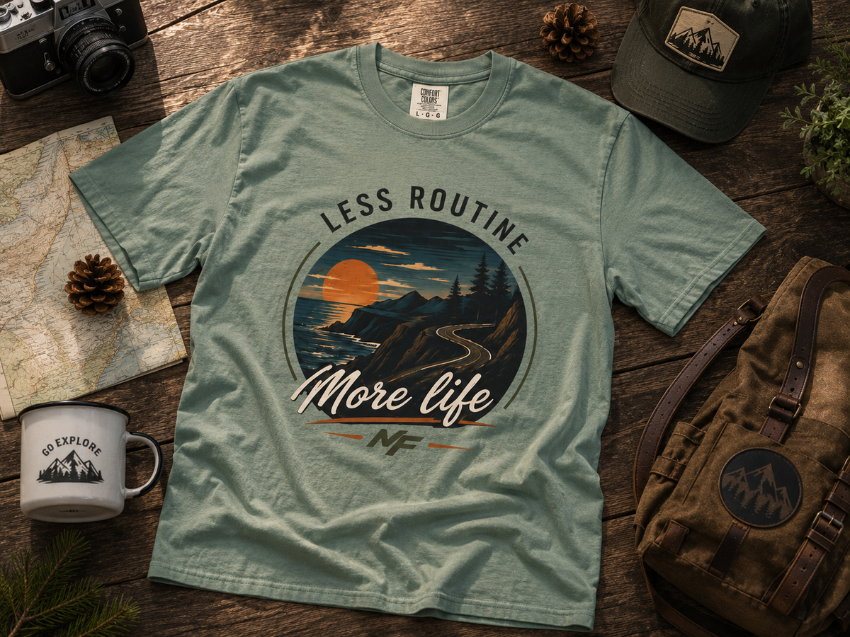 T-shirt « Less Routine More Life » | Tee-shirt à motif montagne pour road trip et aventure