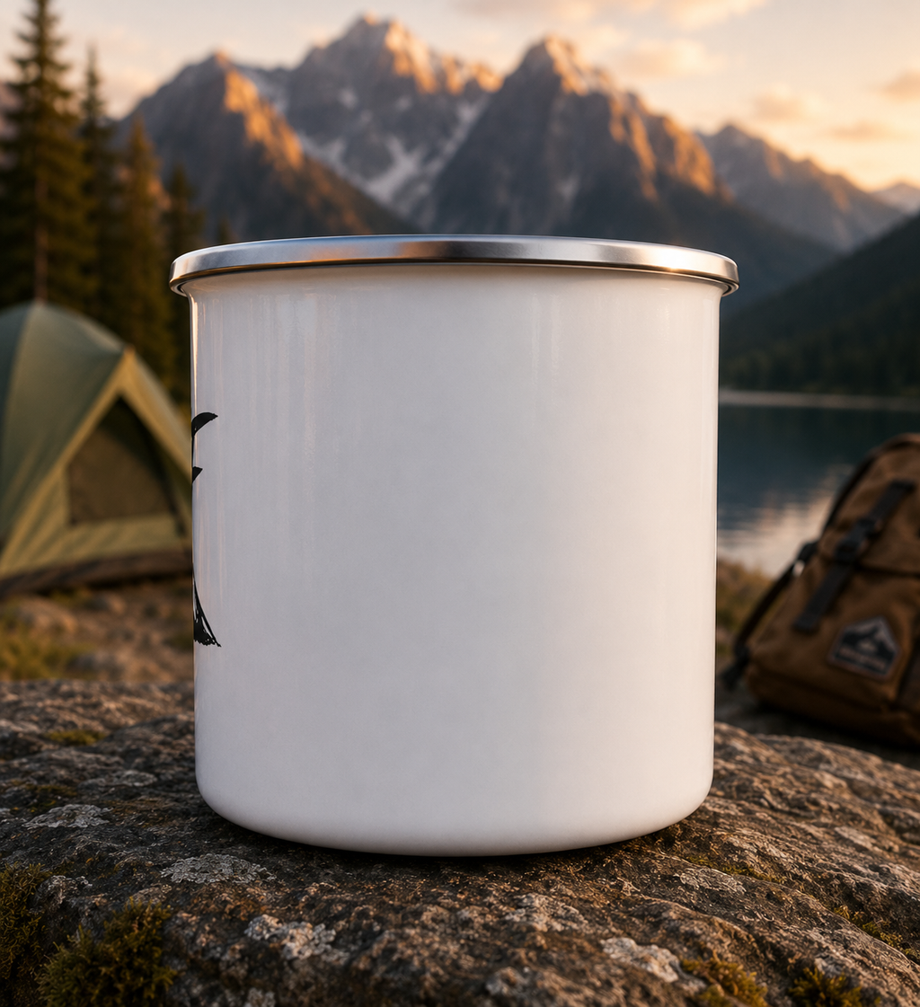 Mug de camping en émail Montagne | Tasse à café minimaliste pour le plein air, mug de randonnée