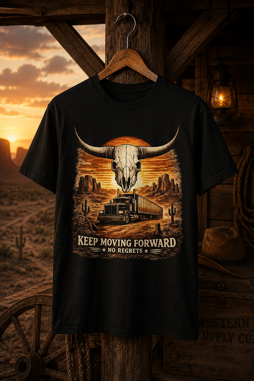 Keep Moving Forward Longhorn Skull Western Trucker T-Shirt, Western Desert Sunset, Road Retro.