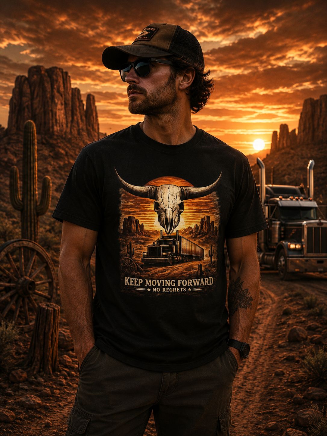 Keep Moving Forward Longhorn Skull Western Trucker T-Shirt, Western Desert Sunset, Road Retro.