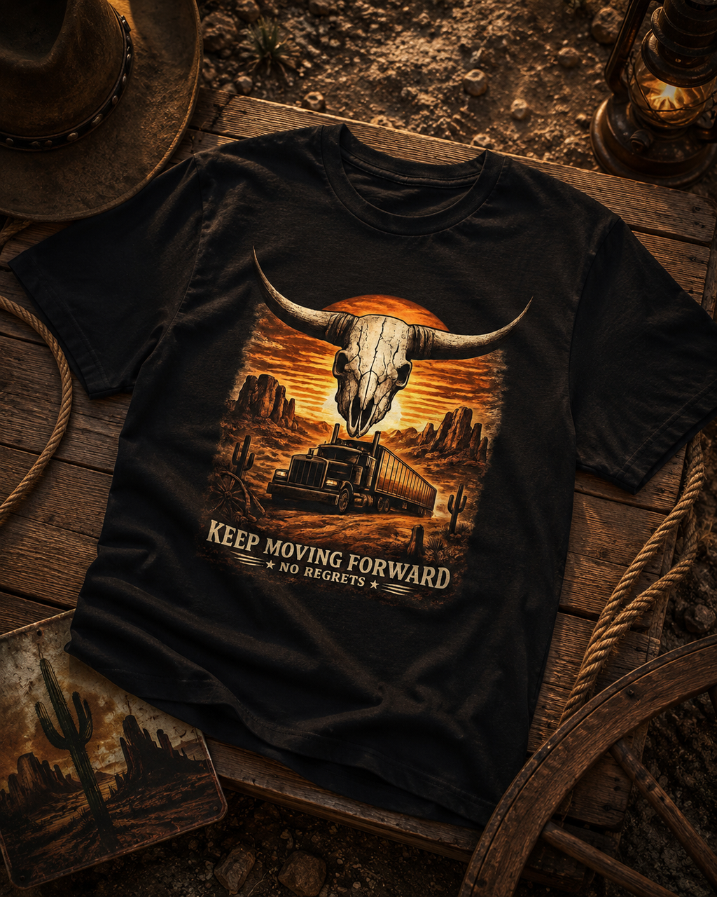 Keep Moving Forward Longhorn Skull Western Trucker T-Shirt, Western Desert Sunset, Road Retro.