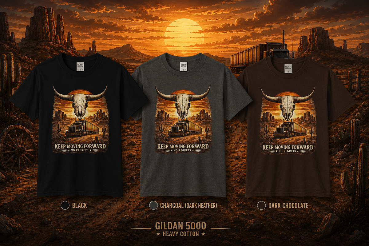 Keep Moving Forward Longhorn Skull Western Trucker T-Shirt, Western Desert Sunset, Road Retro.
