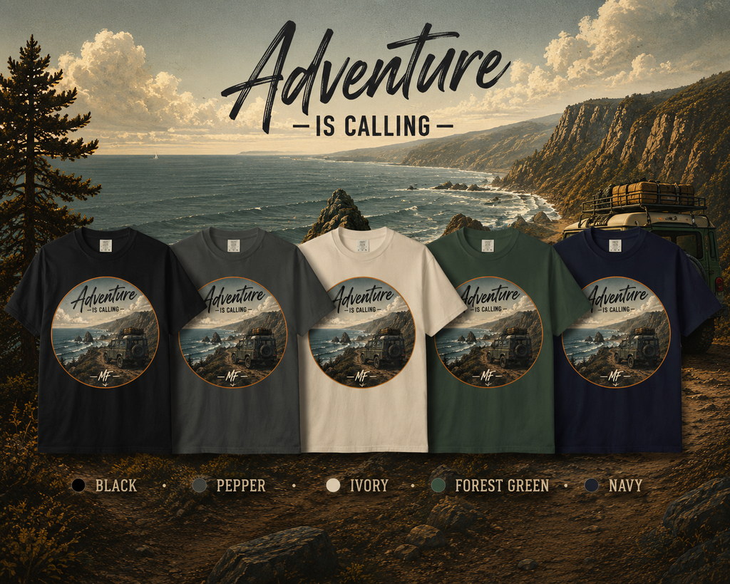 T-shirt « Adventure Is Calling », t-shirt de tout-terrain côtier, t-shirt d'aventure 4x4 à la plage, cadeau de camping Overland, t-shirt graphique explorateur de la nature