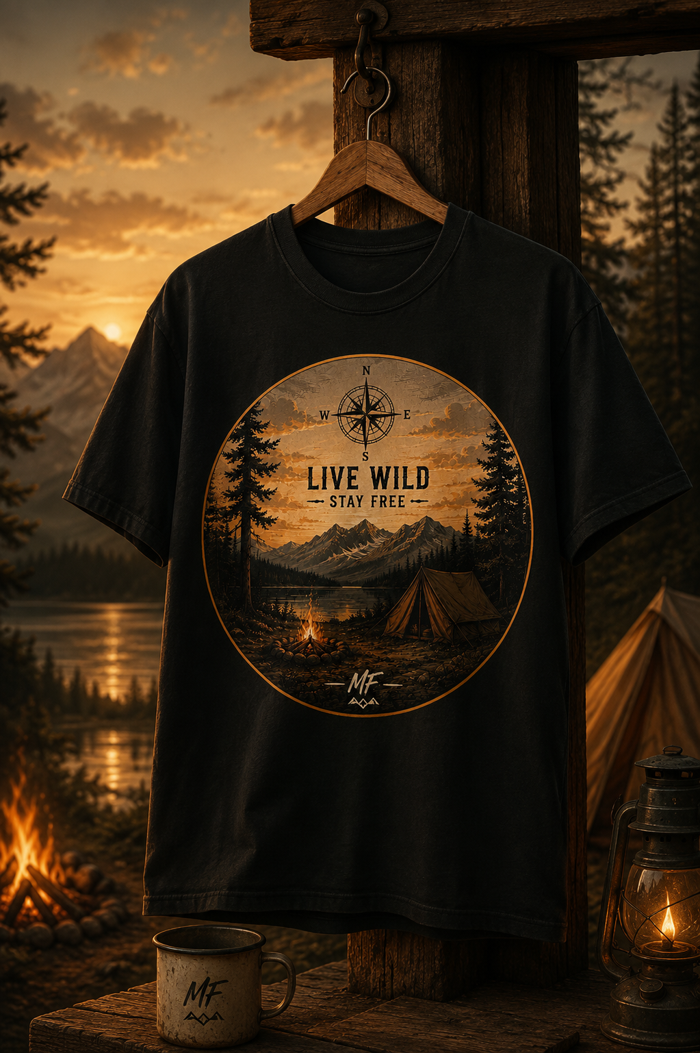 T-shirt design montagne et feu de camp Live Wild Stay Free | t-shirt d'aventure en plein air